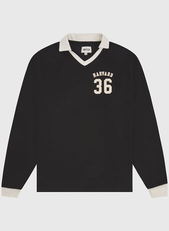 The Ebbets Field Harvard University Vintage Soccer Goalie Jersey is a black long-sleeve shirt with a white collar and cuffs, featuring “HARVARD 36” in white on the left chest. The jersey is displayed flat on a plain white background.