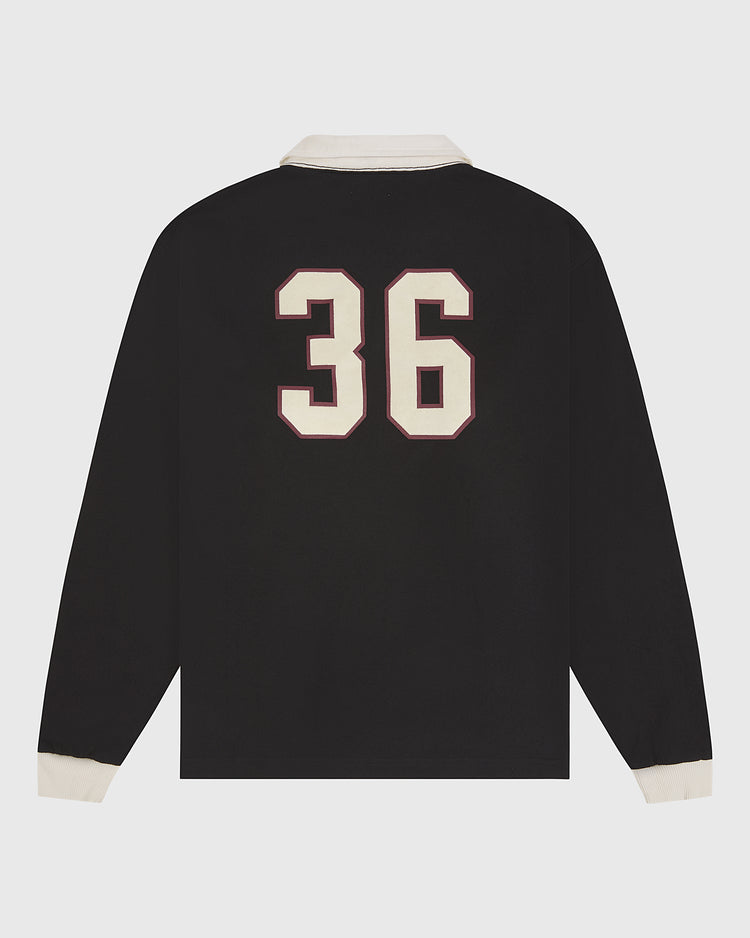 The Ebbets Field Harvard University Vintage Soccer Goalie Jersey is a black long-sleeve shirt with white cuffs and collar, featuring the number 36 in large white outlined digits on the back.