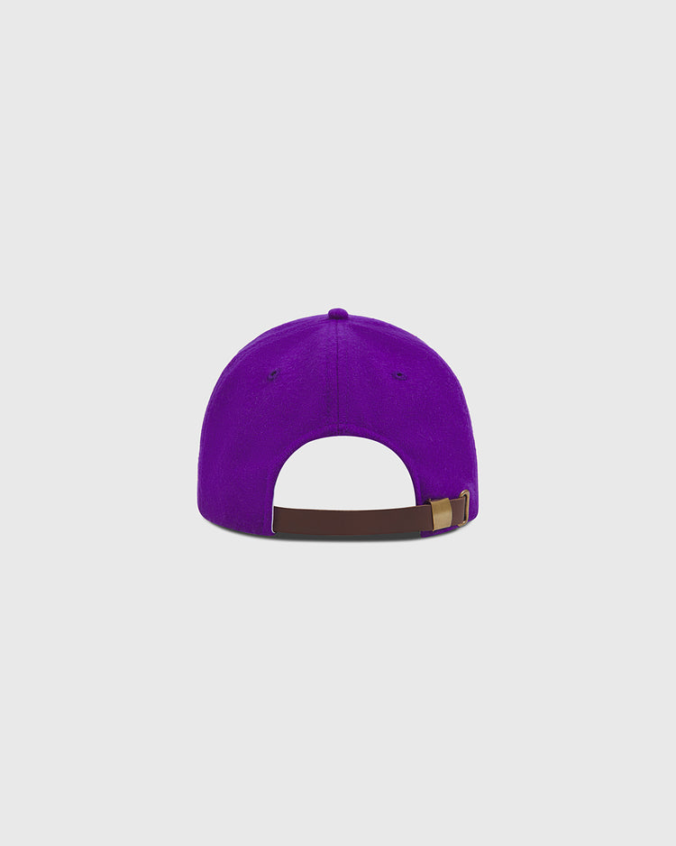 The University of Washington Authentic Wool Ball Cap by Ebbets Field is displayed from the back, highlighting its adjustable brown strap with a metal buckle. Set against a plain light gray background, the cap evokes classic Huskies baseball style.