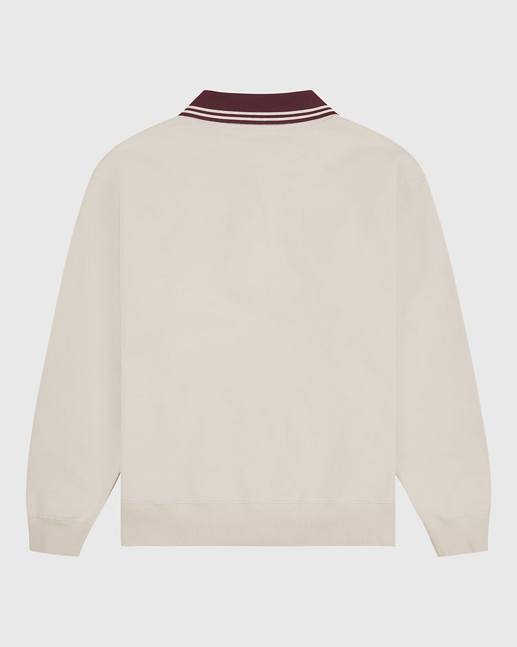 Beige Harvard University Collard Crewneck Sweatshirt by Ebbets Field, shown from the back, featuring a ribbed waistband and cuffs. The collar is dark red with two thin white stripes. Displayed against a plain white background.