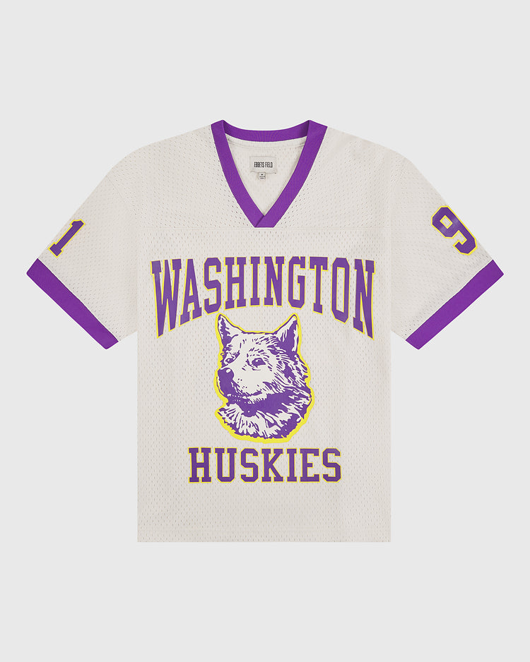 Show your Huskies pride in style with the University of Washington Mesh Football Jersey by Ebbets Field—featuring a white mesh body, striking purple trim, bold “Washington Huskies” text, a central husky graphic, and the number 91 on both sleeves in purple edged with gold—perfect for fans or anyone celebrating a classic Rose Bowl season.