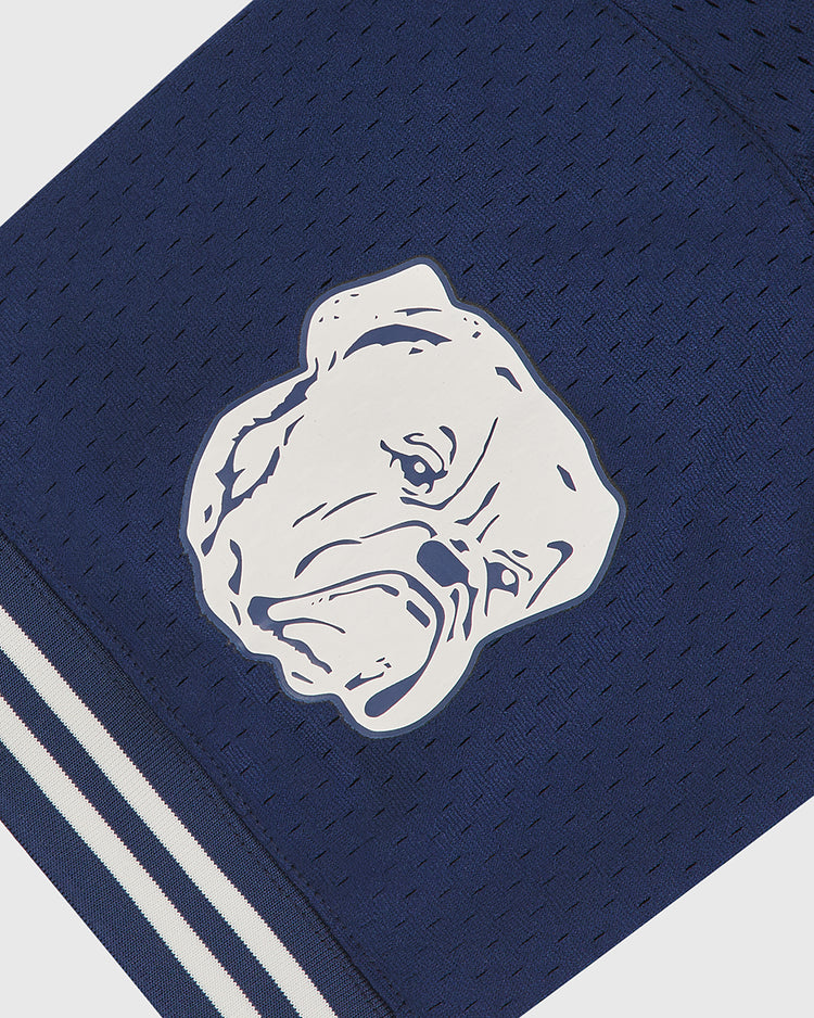 The Yale Mesh Football Jersey by Ebbets Field features a white bulldog face graphic printed on blue mesh fabric, complemented by white and navy striped trim for a timeless, vintage-inspired Yale Bulldogs football look.