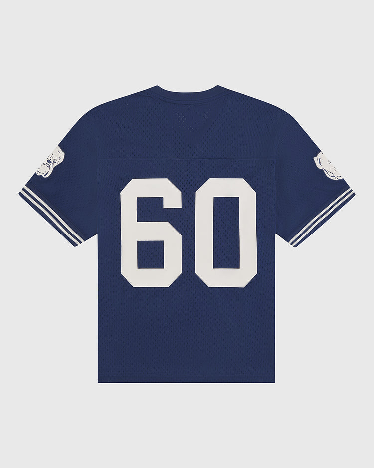 The Ebbets Field Yale Mesh Football Jersey features a navy blue vintage design with white-striped sleeves, each adorned with a bulldog-in-helmet graphic. The back displays the white number 60, all set against a plain white background.
