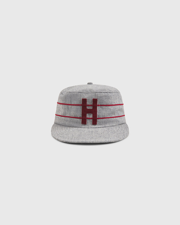 The Ebbets Field Harvard University 1899 Pillbox Wool Ballcap features a gray design with two thin horizontal maroon stripes and a large maroon letter H embroidered on the front, shown against a plain light background.
