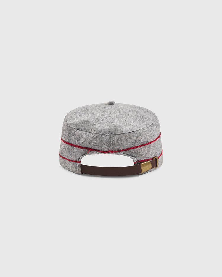 The Ebbets Field Harvard University 1899 Pillbox Wool Ballcap is shown from the back, displaying a red stripe encircling the gray wool cap and an adjustable brown strap with a gold buckle. The background is a plain light gray.