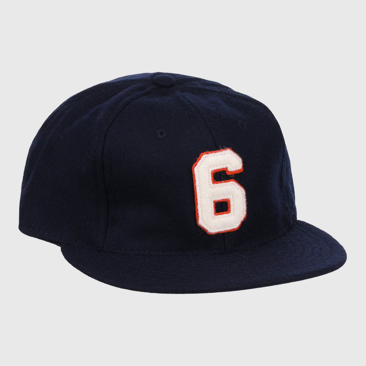 The Ebbets Field Flannels Al Kaline Signature Series Ballcap is a navy wool vintage cap with a white and red embroidered number 6 on the front, inspired by Al Kaline’s iconic style.