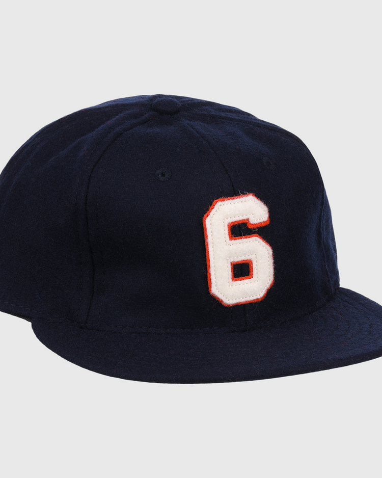 The Ebbets Field Flannels Al Kaline Signature Series Ballcap is a navy wool vintage cap with a white and red embroidered number 6 on the front, inspired by Al Kaline’s iconic style.