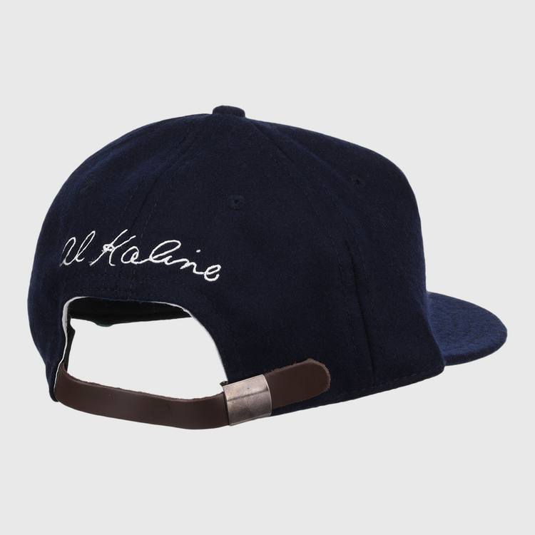 The Al Kaline Signature Series Ballcap by Ebbets Field Flannels is a navy vintage wool cap seen from the back, featuring white cursive embroidery and an adjustable brown leather strap with metal clasp.