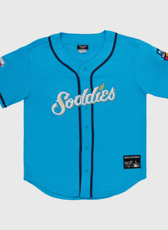 The Ebbets Field Amarillo Sod Poodles MiLB Button Down Jersey features bright blue fabric, 