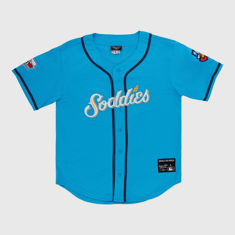 The Ebbets Field Amarillo Sod Poodles MiLB Button Down Jersey features bright blue fabric, 