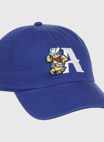 The Amarillo Sod Poodles MiLB Dad Ballcap by Ebbets Field is a blue cap with a large white “A” and an embroidered cartoon mascot in a cowboy hat and boots on the front.