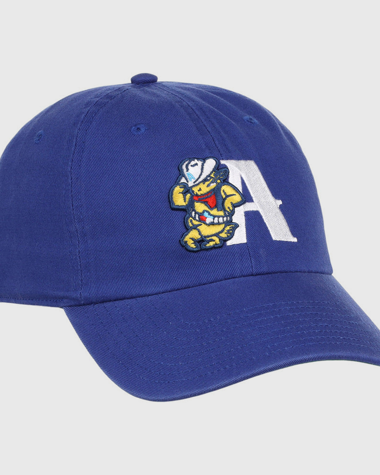 The Amarillo Sod Poodles MiLB Dad Ballcap by Ebbets Field is a blue cap with a large white “A” and an embroidered cartoon mascot in a cowboy hat and boots on the front.