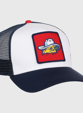 The Amarillo Sod Poodles MiLB Trucker Ballcap by Ebbets Field features a white front, navy blue bill and mesh, and a red patch with a cartoon yellow fish wearing a white cowboy hat.