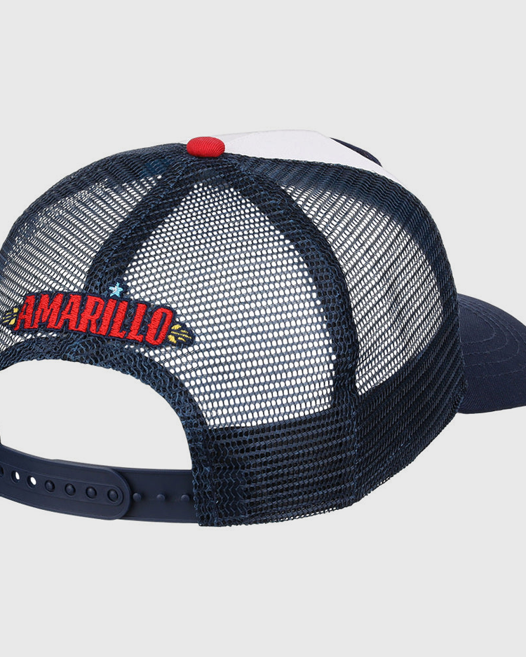 The Ebbets Field Amarillo Sod Poodles MiLB Trucker Ballcap is a navy blue mesh hat seen from the back, displaying 