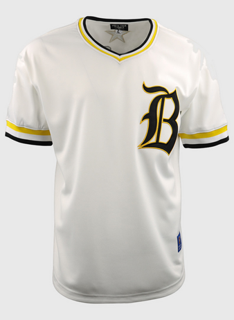 The Beeville Blazers EFF Lone Star Baseball Jersey by EFF features yellow and black striped accents and a bold letter B on the chest, as worn by the Beeville Blazers at Joe Hunter Field.