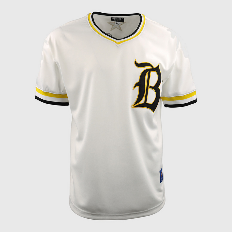 The Beeville Blazers EFF Lone Star Baseball Jersey by EFF features yellow and black striped accents and a bold letter B on the chest, as worn by the Beeville Blazers at Joe Hunter Field.