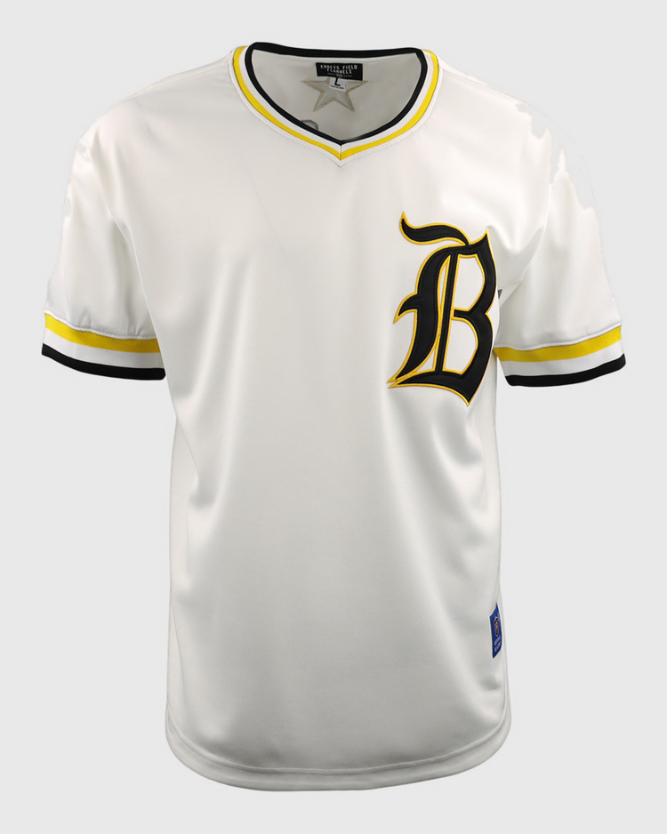 The Beeville Blazers EFF Lone Star Baseball Jersey by EFF features yellow and black striped accents and a bold letter B on the chest, as worn by the Beeville Blazers at Joe Hunter Field.