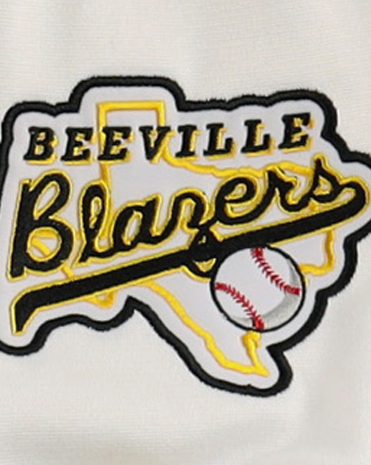 The EFF Beeville Blazers Lone Star Baseball Jersey features Beeville Blazers in yellow and black with a baseball graphic—an ideal keepsake for fans from Joe Hunter Field to Corpus Christi.