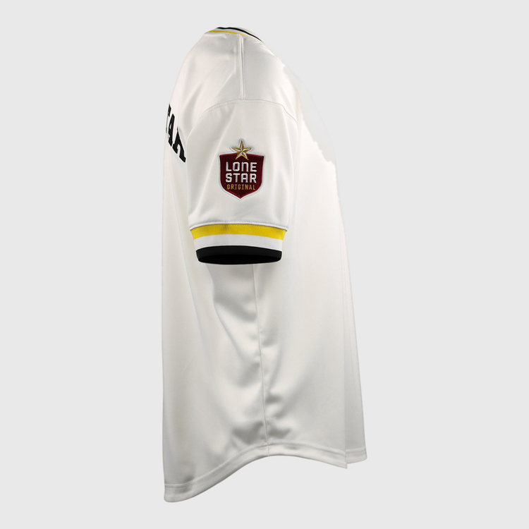 Side view of the white EFF Beeville Blazers Lone Star Baseball Jersey, featuring black and yellow sleeve trim and a distinctive Lone Star patch that captures the spirit of Corpus Christi.