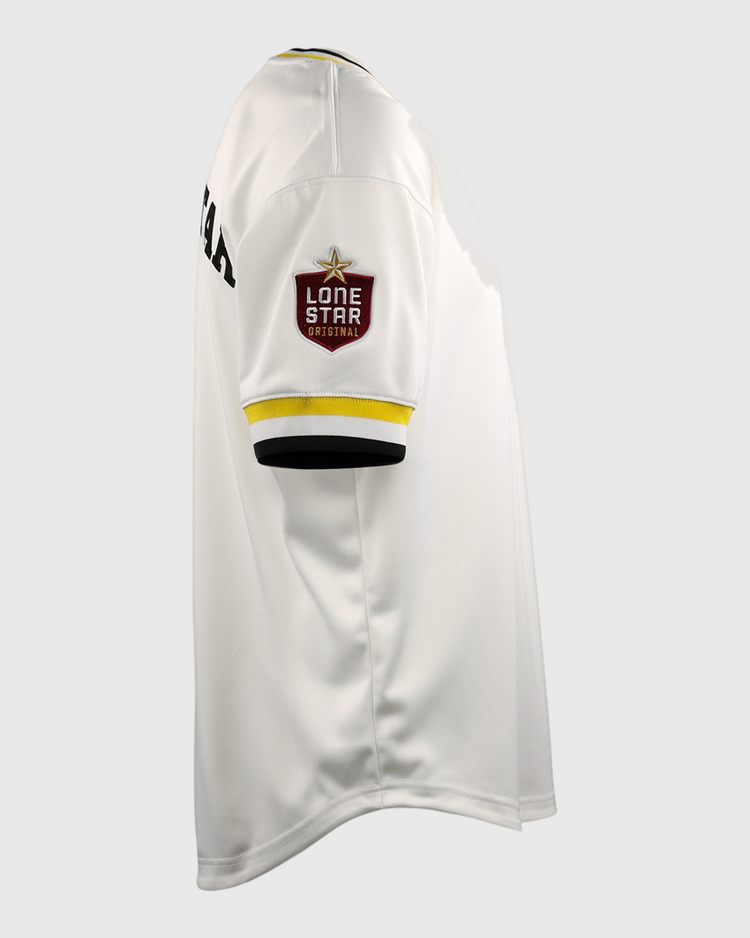 Side view of the white EFF Beeville Blazers Lone Star Baseball Jersey, featuring black and yellow sleeve trim and a distinctive Lone Star patch that captures the spirit of Corpus Christi.