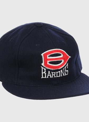 The EFF Birmingham Barons Letterhead Wool Vintage Ballcap is a navy cap with a red and white B logo and Barons embroidered on the front—perfect for any Birmingham Barons fan.