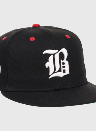 The EFF Birmingham Black Barons NLB Flip Fitted Ballcap is a black cap with a white gothic B, red top button and eyelets, plus a circular patch honoring the Negro National League and Birmingham Black Barons, featuring 1920.