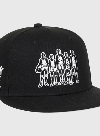 The Black Fives Fitted Ballcap by Ebbets Field Flannels features an embroidered outline of five vintage basketball players and BLACK FIVES BASKETBALL 1904-1950 on the side, honoring Black Fives history and Ebbets Field Flannels heritage.