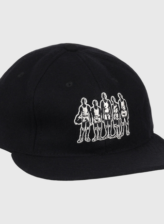 The Black Fives Wool Ballcap by Ebbets Field Flannels is a black vintage-inspired baseball cap featuring a white outline graphic of five people standing in a row on the front, celebrating the legacy of the Black Fives.