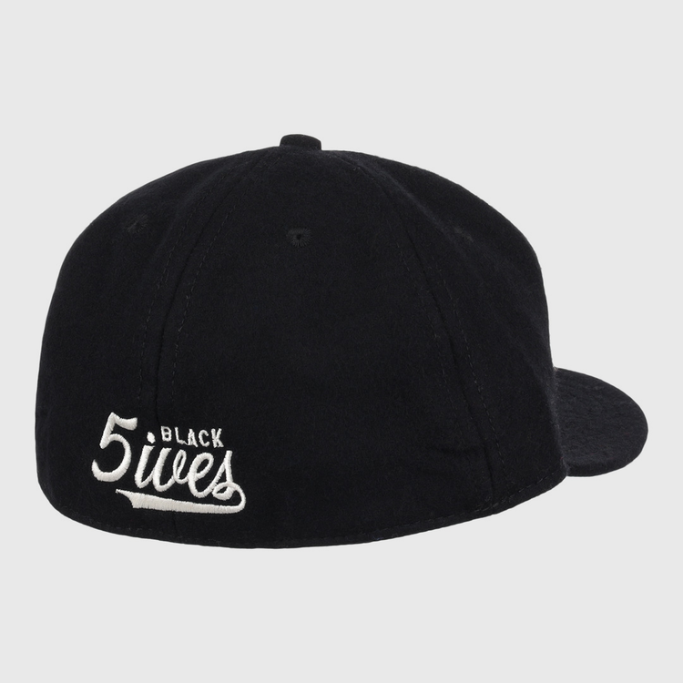 The Ebbets Field Flannels Black Fives Wool Ballcap features white embroidered BLACK 5ives text on the back, blending vintage ballcap style with Black Fives legacy.