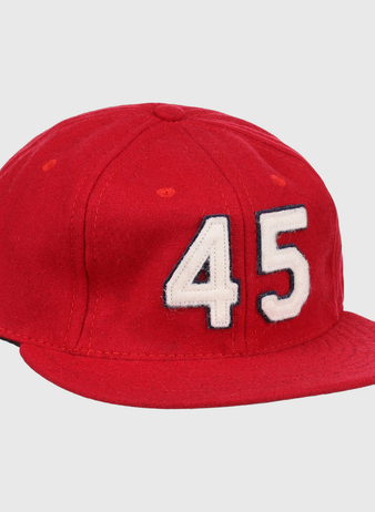 The Bob Gibson Signature Series Ballcap by Ebbets Field Flannels is a red flat-brim cap inspired by Gibson, featuring the number 45 in white with a black outline on the front.