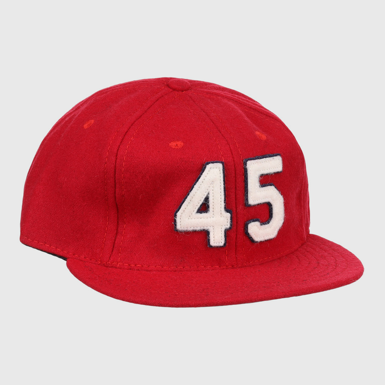 The Bob Gibson Signature Series Ballcap by Ebbets Field Flannels is a red flat-brim cap inspired by Gibson, featuring the number 45 in white with a black outline on the front.