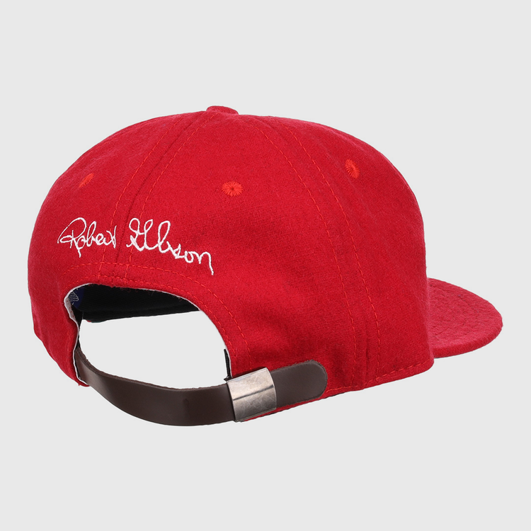 The Bob Gibson Signature Series Ballcap by Ebbets Field Flannels is a vintage red wool cap, seen from the back with white embroidery and an adjustable brown strap with metal buckle—perfect for National Baseball Hall of Fame fans.