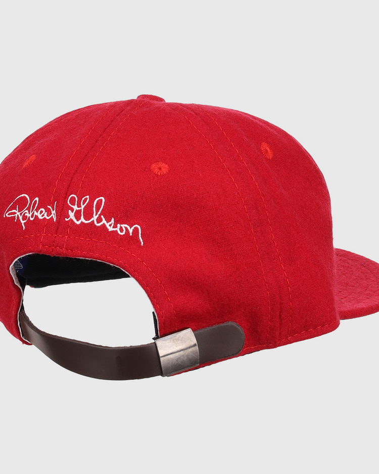 The Bob Gibson Signature Series Ballcap by Ebbets Field Flannels is a vintage red wool cap, seen from the back with white embroidery and an adjustable brown strap with metal buckle—perfect for National Baseball Hall of Fame fans.
