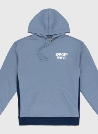 The EFF Bogey Boys x EFF French Terry Sweatshirt features a light blue color, front pocket, dark blue trim on waistband and cuffs, and white BOGEY BOYS print on the left chest. Made from premium fleece for ultimate comfort.