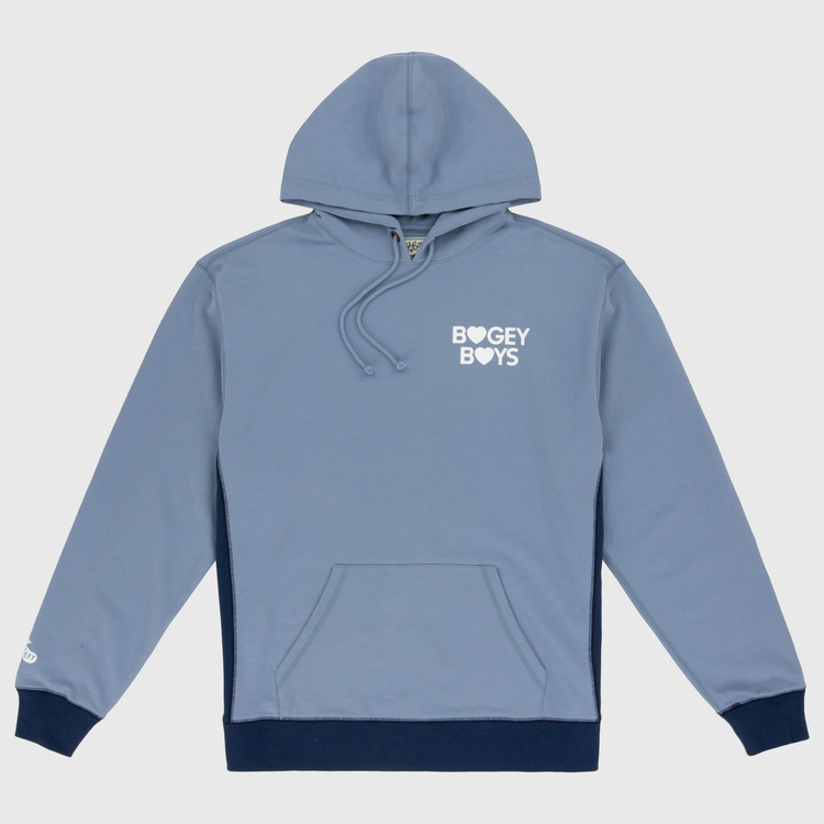 The EFF Bogey Boys x EFF French Terry Sweatshirt features a light blue color, front pocket, dark blue trim on waistband and cuffs, and white BOGEY BOYS print on the left chest. Made from premium fleece for ultimate comfort.