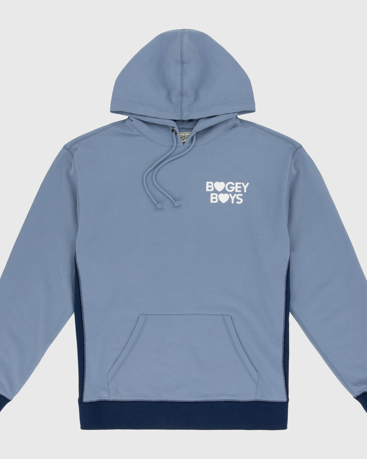 The EFF Bogey Boys x EFF French Terry Sweatshirt features a light blue color, front pocket, dark blue trim on waistband and cuffs, and white BOGEY BOYS print on the left chest. Made from premium fleece for ultimate comfort.