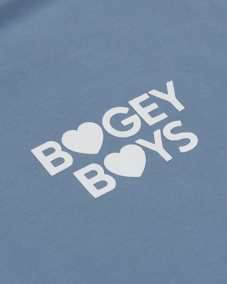 Close-up of the EFF Bogey Boys x EFF French Terry Sweatshirt in powder blue, featuring 