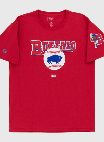 The Ebbets Field Buffalo Bisons MiLB Fashion Cotton Short Sleeve Tee is a red shirt with 