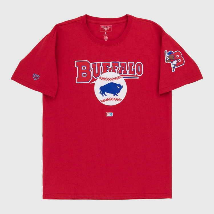 The Ebbets Field Buffalo Bisons MiLB Fashion Cotton Short Sleeve Tee is a red shirt with 