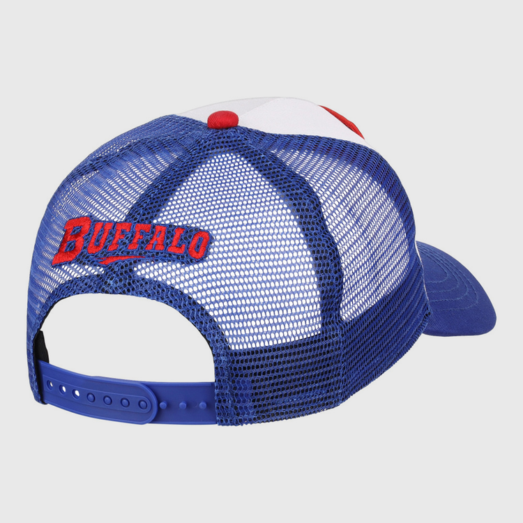 The Ebbets Field Buffalo Bisons MiLB Trucker Ballcap is a blue and white mesh hat with a snapback closure, featuring 