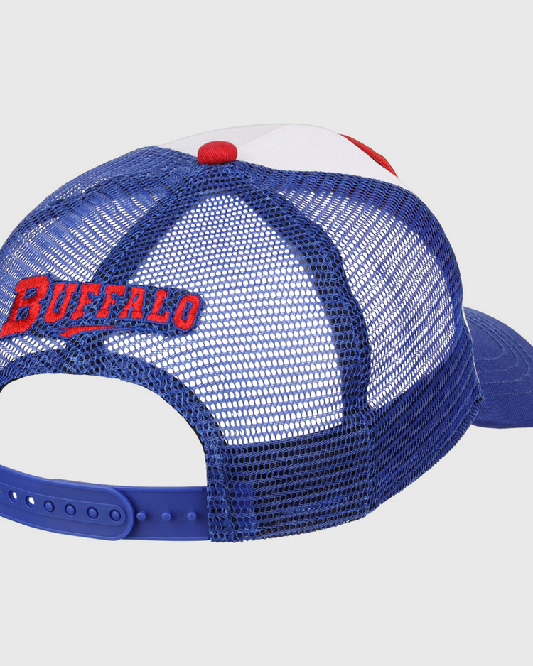 The Ebbets Field Buffalo Bisons MiLB Trucker Ballcap is a blue and white mesh hat with a snapback closure, featuring 