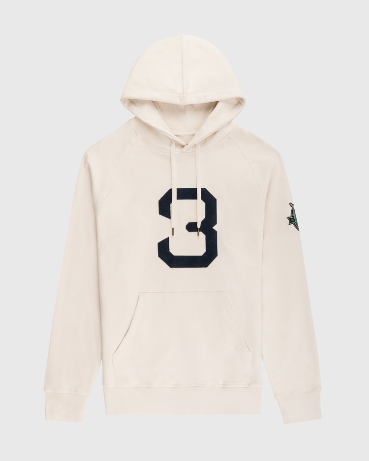 The EFF Babe Ruth Cotton French Terry Pullover Hoodie features cream heavyweight cotton, a bold black number 8 on the front, a green and black sleeve patch, front pocket, and drawstrings—a modern nod to the classic Babe Ruth hoodie.
