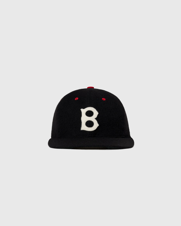 The EFF Baltimore Elite Giants 1947 Authentic Wool Ballcap is black with a white B front, red top stitching, and a flat brim, displayed on a plain gray background.