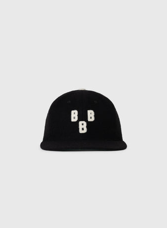 The EFF Birmingham Black Barons 1948 Authentic Wool Ballcap features three white, raised embroidered Bs on black wool, shown against a light gray background—a tribute to the Negro Leagues Baseball Museum legacy.