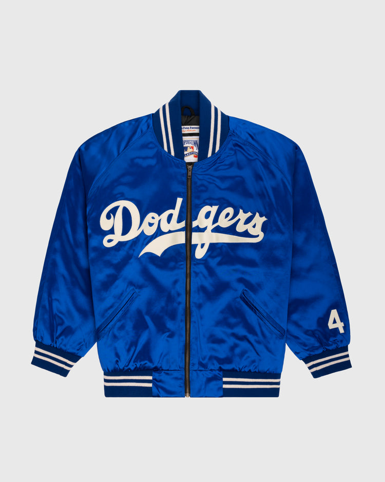 The EFF Brooklyn Dodgers 1947-50 Authentic All Satin Varsity Jacket features Dodgers in white script, a blue satin body, striped collar and cuffs, a 4 on the sleeve, and front zipper—faithful to the classic team jacket.