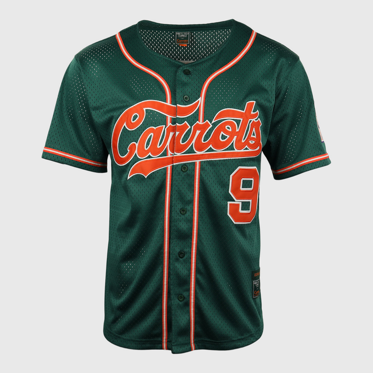 The EFF Carrots Arlington Heights Collection Button-Up Mesh Jersey features dark green mesh, orange and white trim, Carrots script across the chest, and a #9 on the lower right front, inspired by Ebbets Field Flannels classics.