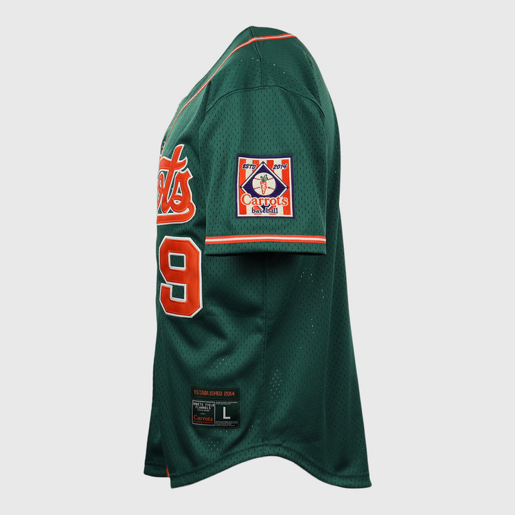 The EFF Carrots Arlington Heights Collection Button-Up Mesh Jersey features green mesh, orange and white trim, number 9 on the side, a Carrots patch on the sleeve, and a black L-size Spring Summer 2024 label near the hem.