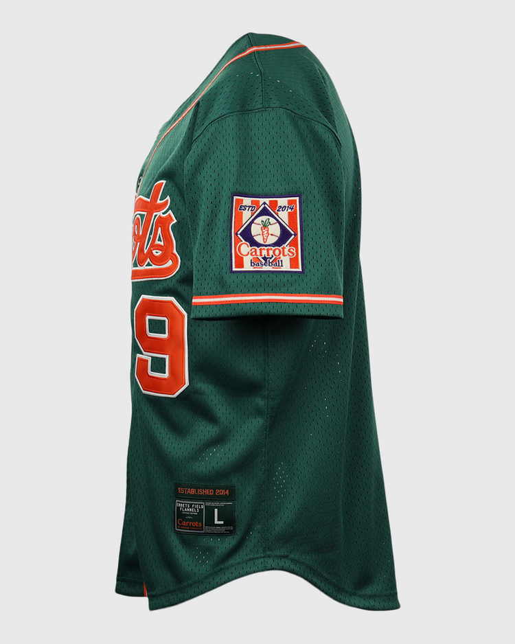 The EFF Carrots Arlington Heights Collection Button-Up Mesh Jersey features green mesh, orange and white trim, number 9 on the side, a Carrots patch on the sleeve, and a black L-size Spring Summer 2024 label near the hem.