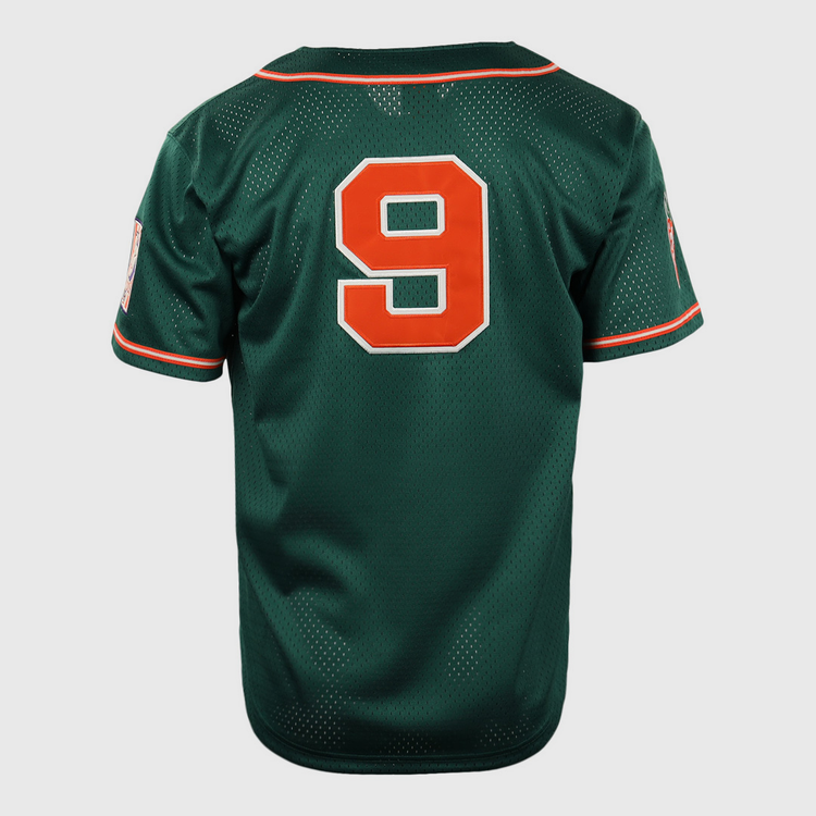 The EFF Carrots Arlington Heights Collection Button-Up Mesh Jersey features green mesh, orange and white striped sleeves and collar, a large orange number 9 outlined in white on the back, and a patch on the left sleeve.
