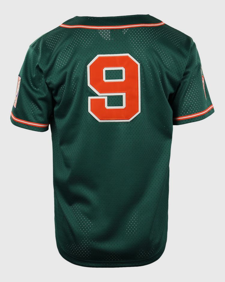 The EFF Carrots Arlington Heights Collection Button-Up Mesh Jersey features green mesh, orange and white striped sleeves and collar, a large orange number 9 outlined in white on the back, and a patch on the left sleeve.